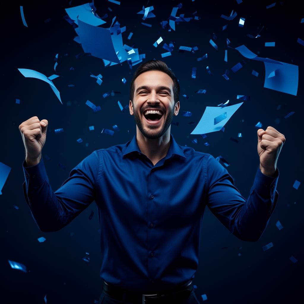 Professional celebrating restructuring success with blue confetti